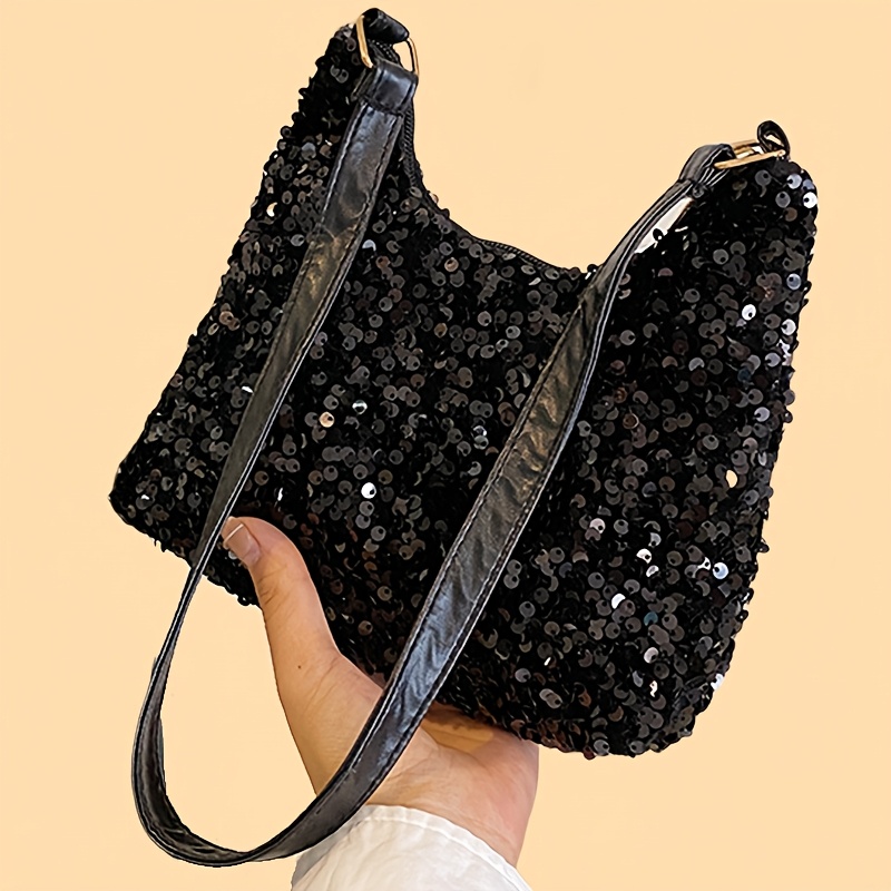 

Trendy Korean-style Sequin Handbag For Women - Fashionable Small Square Shoulder Bag With Nylon Exterior And Polyester , Zip Closure [zipper Random], Black, Ladies Handbags