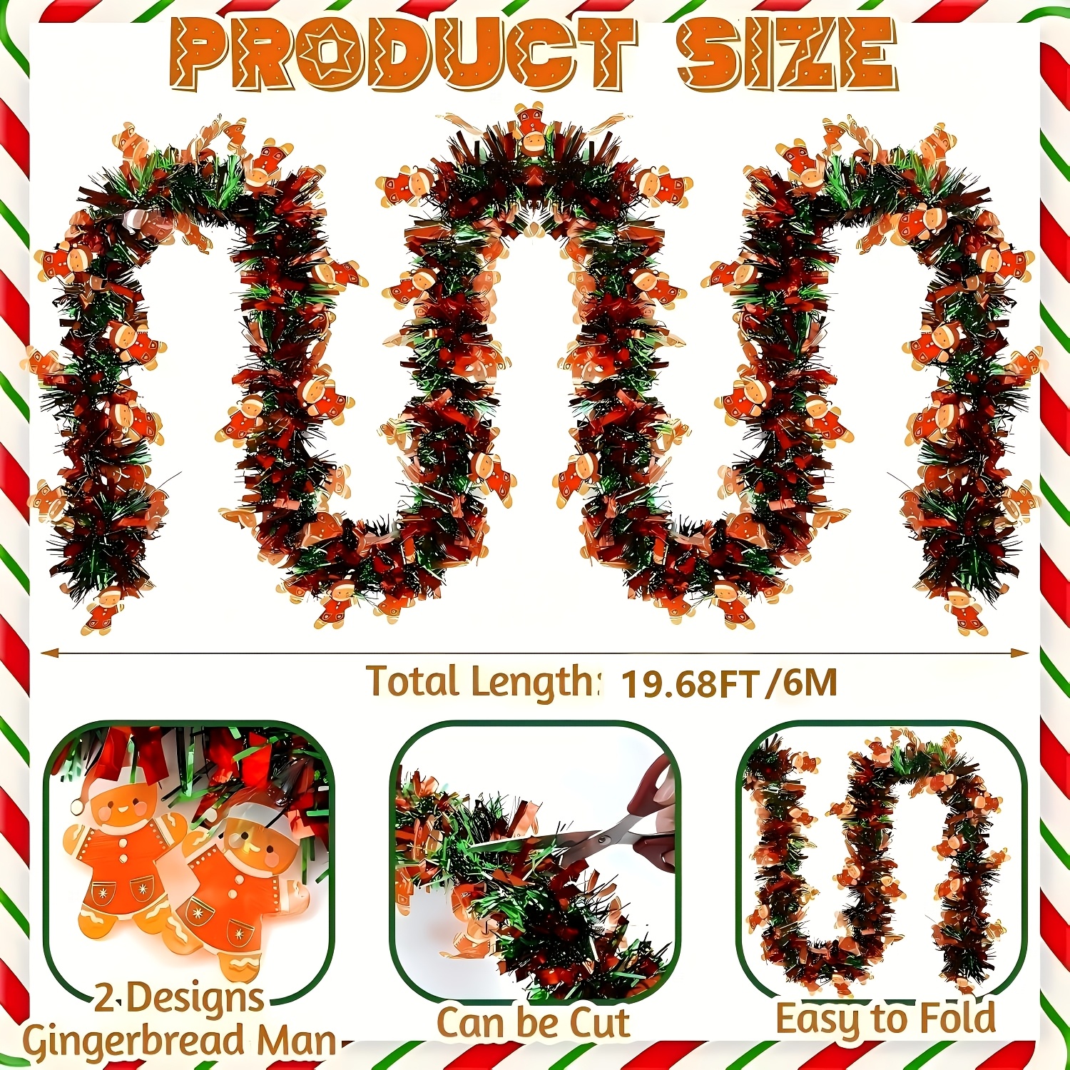 19.68ft Christmas Gingerbread For Man Tinsel Garland Decorations Red Green Metallic Twist Garland Holiday Shiny Wire Ornament For Xmas Mantle Fireplace Indoor Outdoor Party Decor