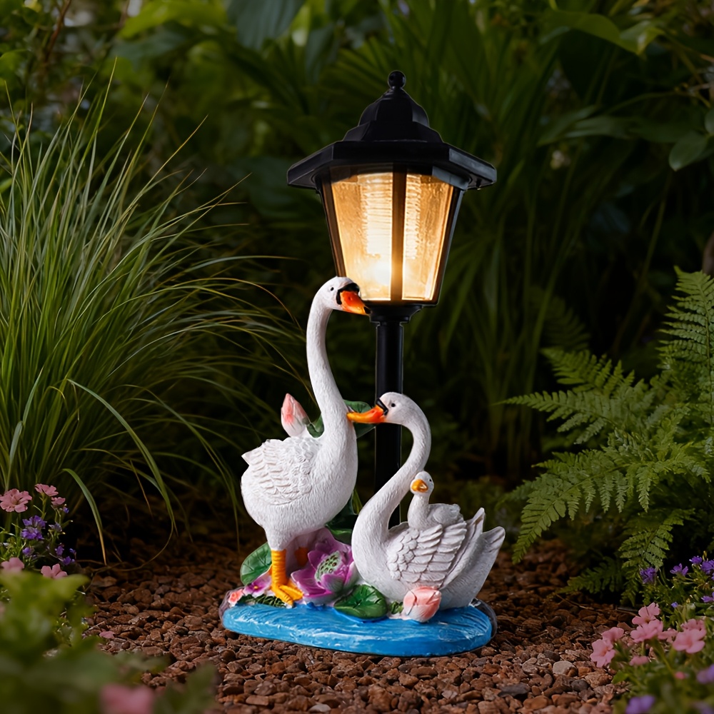 TEMU Swan Statue, Family Of 3 , Ip45 Resin Garden Statue Solar Lamp, Creative 3d Outdoor Statue, Sculpture Led Pathway Light, Patio Yard Lawn