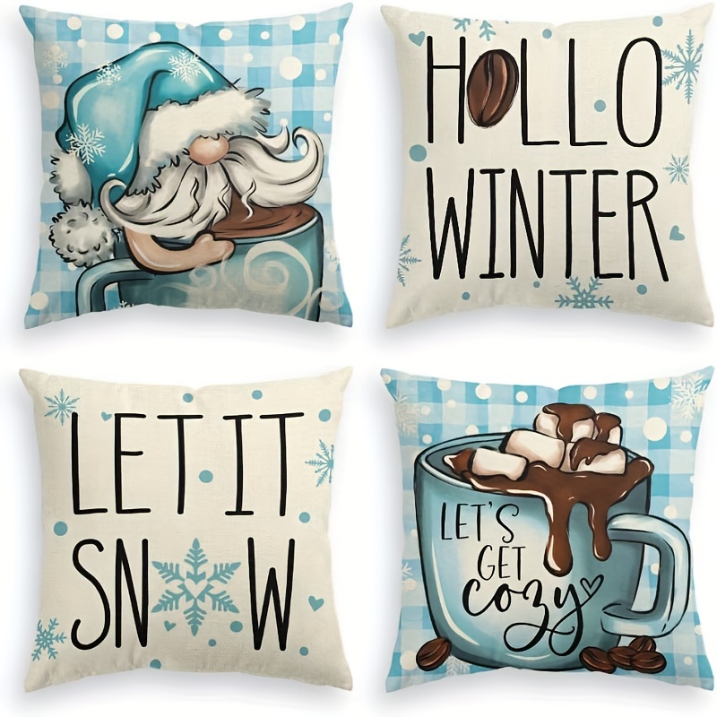 

4pcs Hello Winter Hot Chocolate Throw Pillow Covers Holiday Decoration For Sofa Couch 18inxhx18inch No Pillow Insert