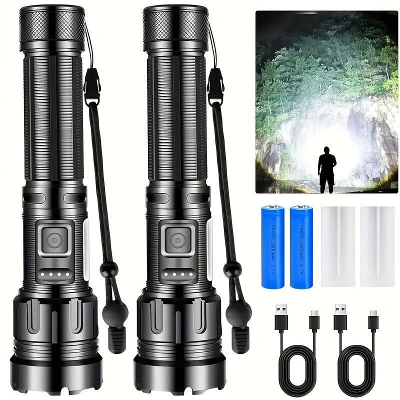TEMU 2-pack Heavy-duty Led Flashlights Rechargeable, 7-mode Flashlight With 500 Bright Beam, - Outdoor Camping, Long Range 300m, Emergency Backup Light With Cable For, Work, Power Outages (aa-free)