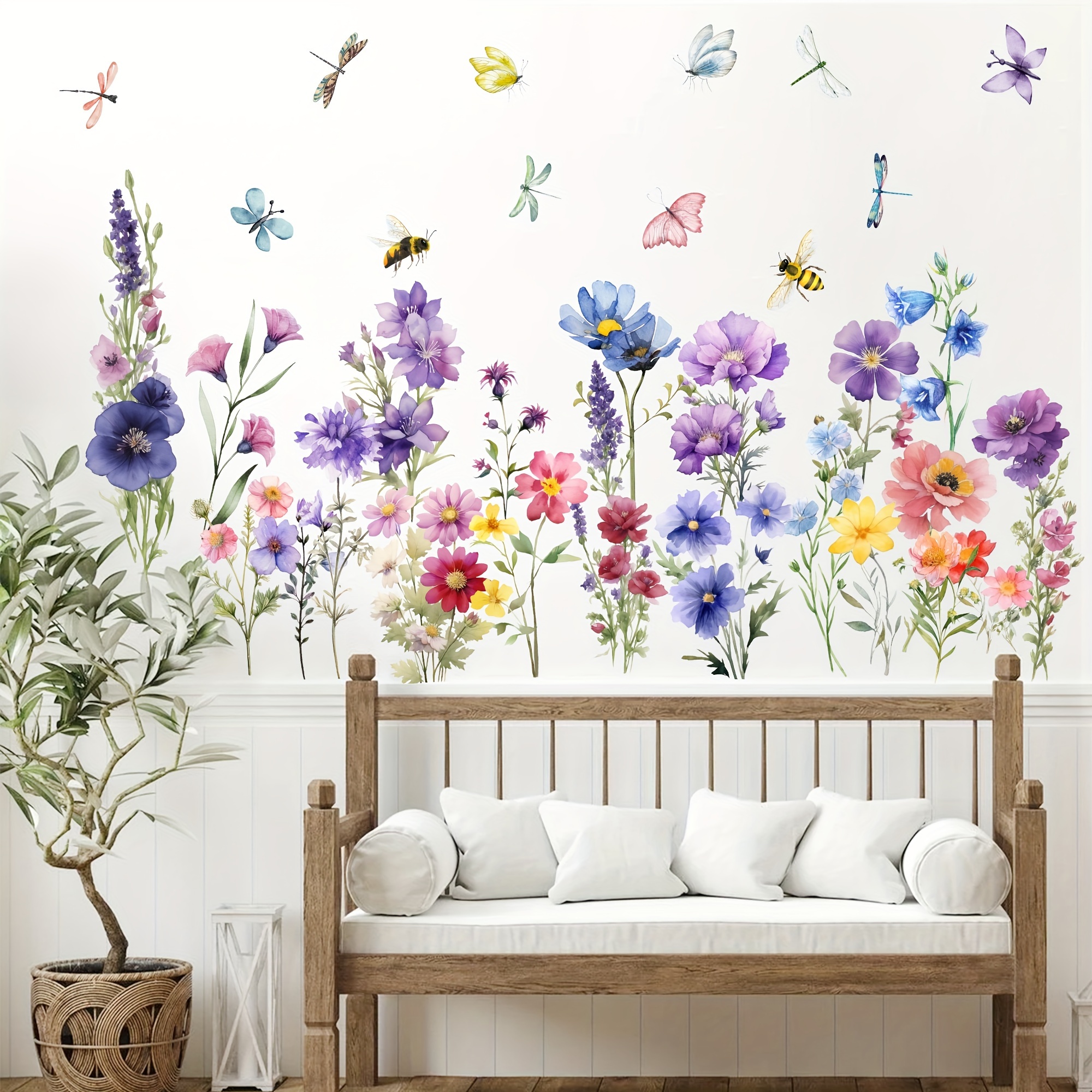 

Contemporary Style Wall Stickers - 9-piece Vinyl Floral Decals With Dragonflies And Butterflies, Removable Flower Murals For Girls' Bedroom, Living Room & Nursery Decor, Self-adhesive Matte Finish