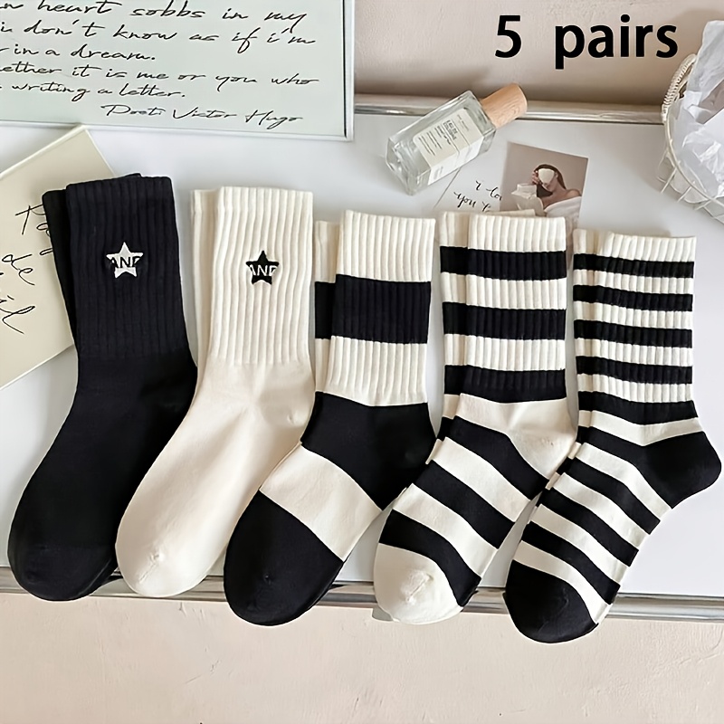 TEMU 5 Pairs Women's Black And White Contrast Star Stripe Mid-calf Socks Trendy Versatile