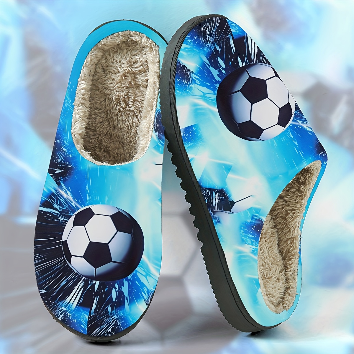 TEMU Men's New Winter Slippers With Soccer Element Print, Casual Indoor Warm, Comfortable, And Stylish Plush Shoes