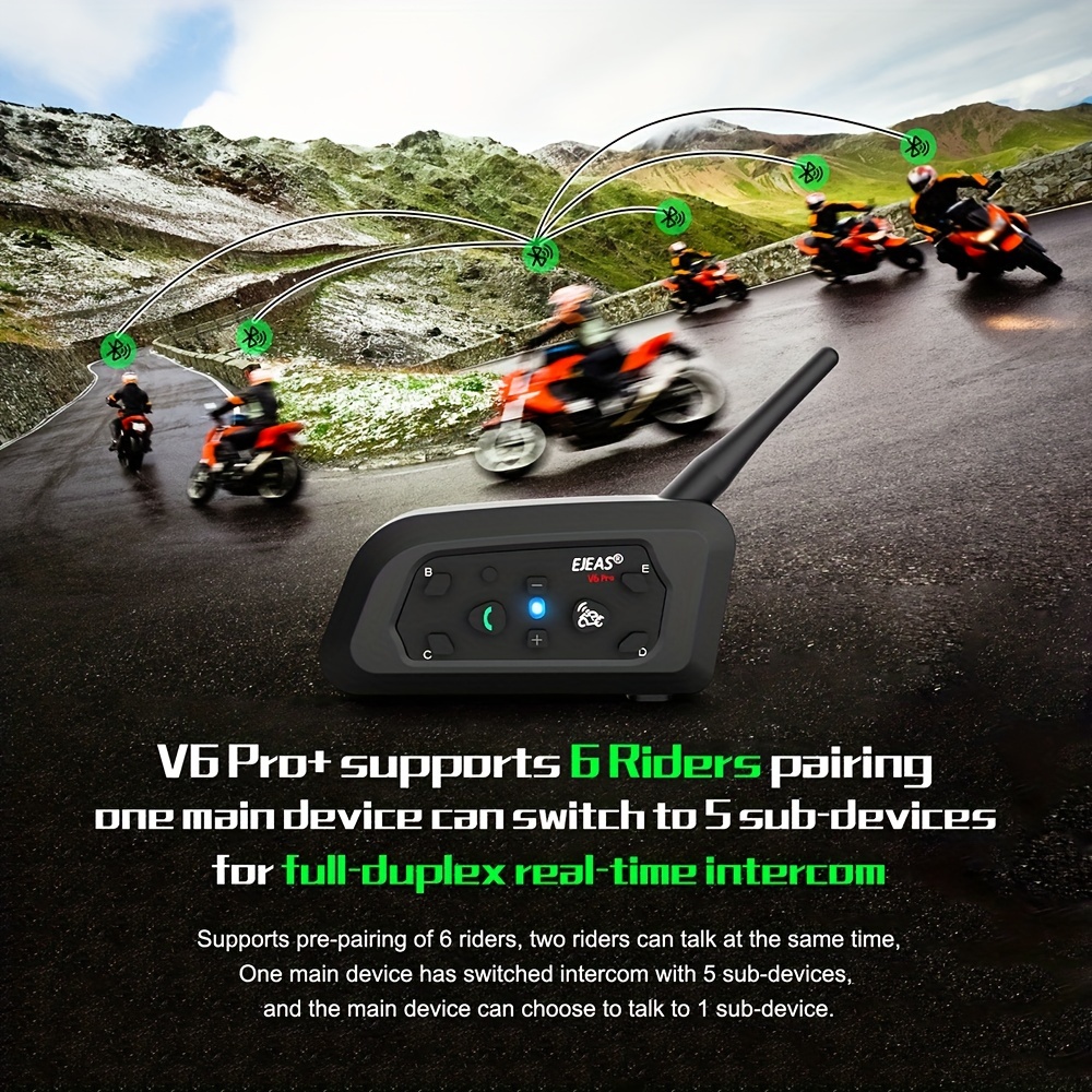 V6 Pro Motorcycle Helmet Bluetooth Intercom Headset Communication System, 2  Riders 1200m 6 Riders 6km, 2 People Real-time Talk, IP65 Waterproof