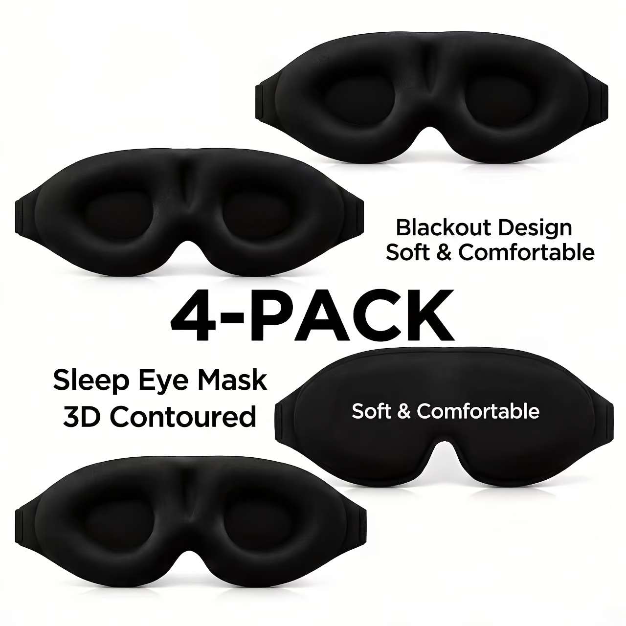 TEMU Lot de 4 masques de sommeil occultants 3D noirs, 2 ultra-légers et pression, adaptés aux voyages d'affaires, aux siestes et au sommeil