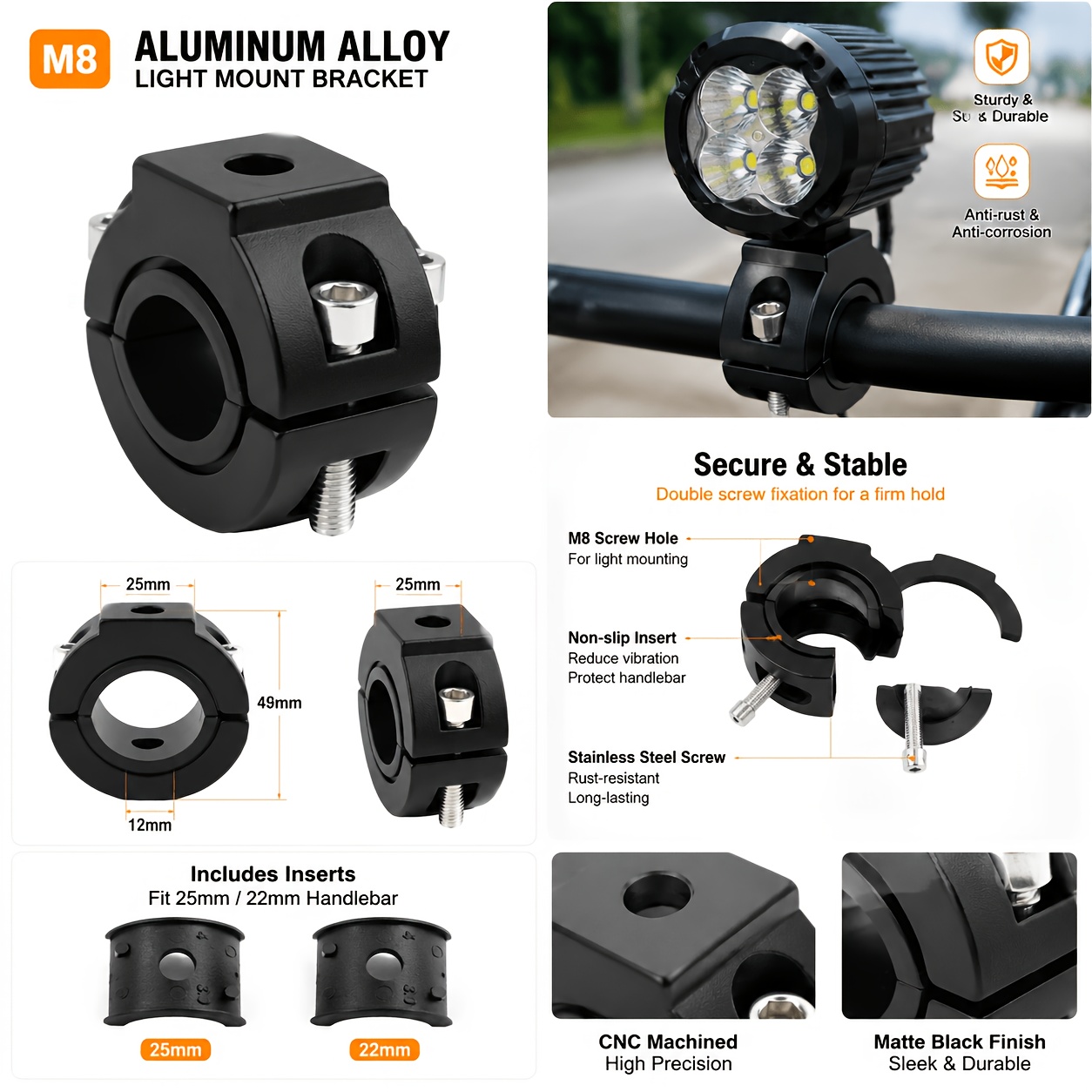 TEMU 1pcf03 Round Clamp, 18-32mm Aluminum Alloy Lamp Holder For Motorcycle & Electric Vehicle Bumper Guard Spotlight Mount