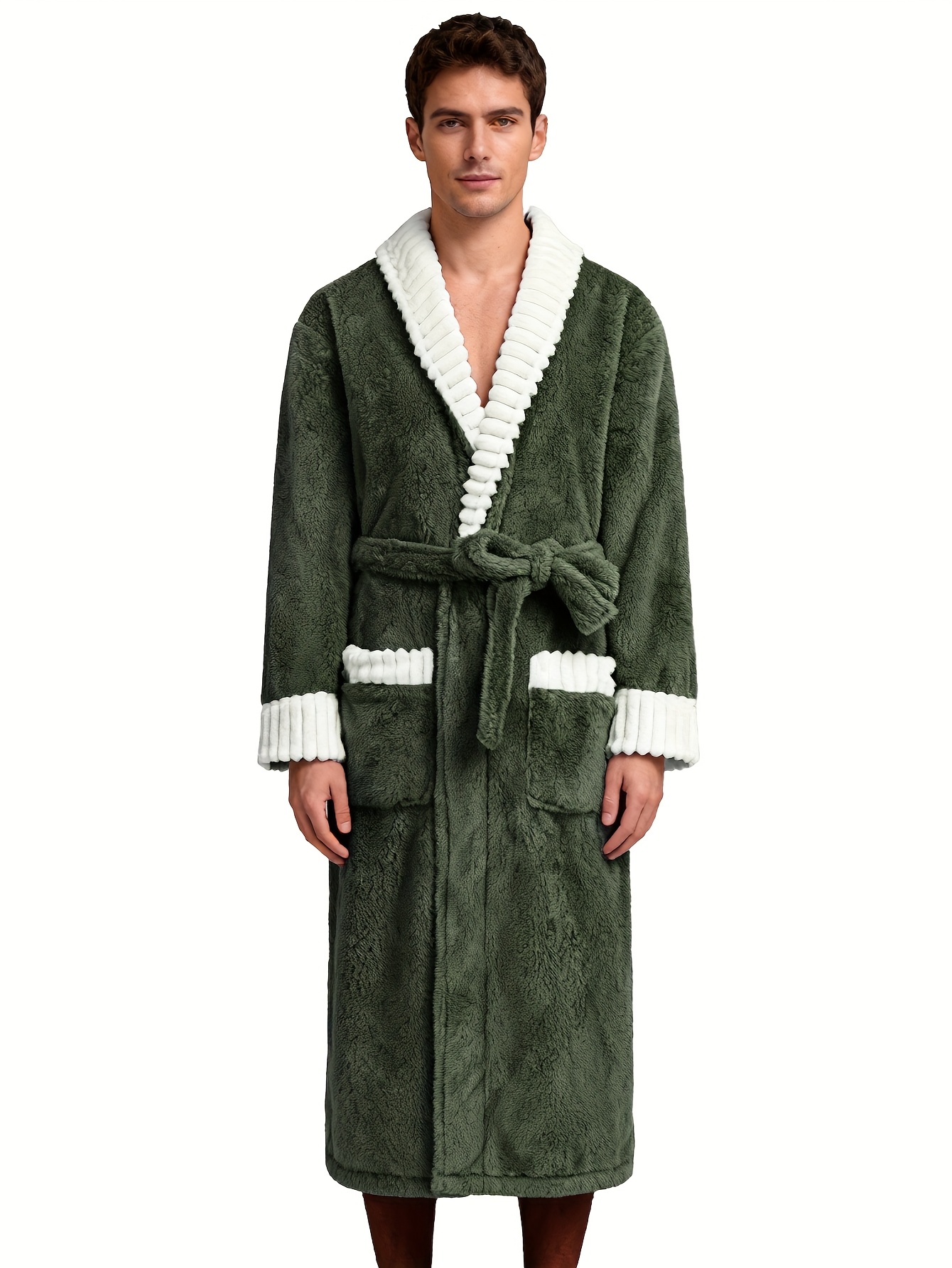 Men'S Thickened Flannel Robe - Long Bathrobe with Large Pockets, Soft Plush Texture, V-Neck & Belted Design for Fall/Winter, Perfect Gift for Him, Cozy Home Wear, Casual Sleepwear, Winter Robe | Vneck Robe | Plush Texture Robe