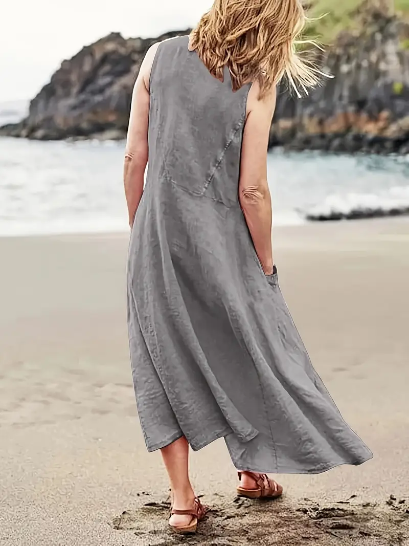 womens casual sleeveless cotton linen a line dress with pockets length round neck loose fit machine washable for spring summer fall summer fashion natural fabric details 11