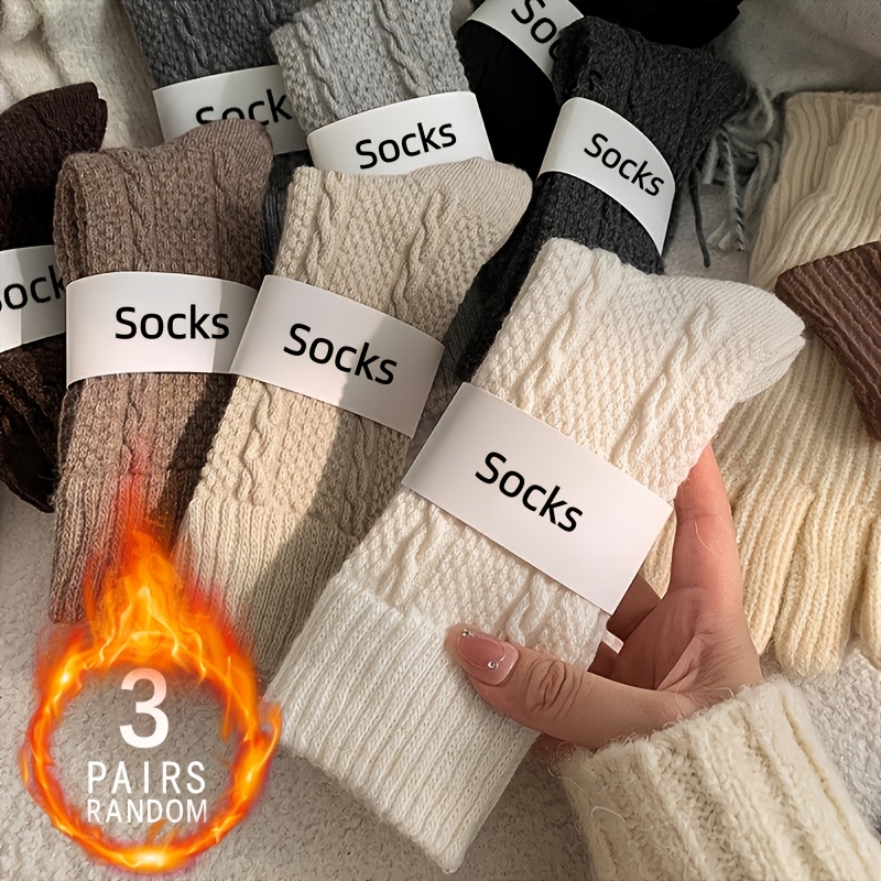 TEMU 3 Pairs Random And Winter Japanese Versatile Solid Color Relief Fried Dough Twists Thickened Thermal Stockings