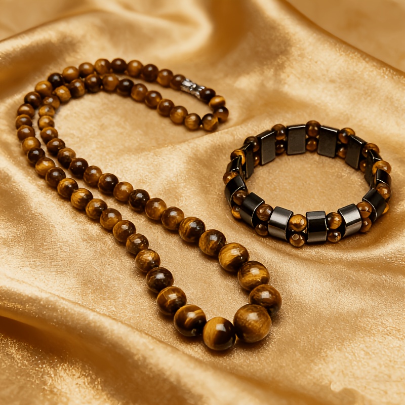 TEMU 2pcs Dual Bracelet necklace, Tiger Eye Stone And Obsidian Handmade Bracelet, The For Holiday Gifts