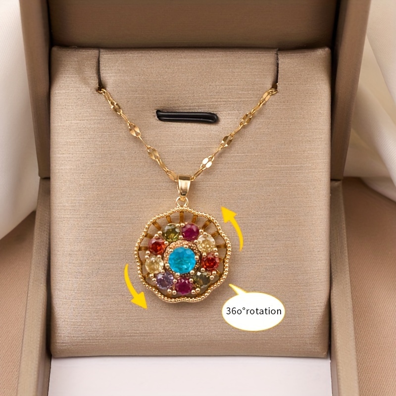 

Elegant 360° Rotating Floral Pendant Necklace With Sparkling Cubic Zirconia - Titanium Steel, 18k Golden Plated, Girls' Anniversary & Birthday Gifts