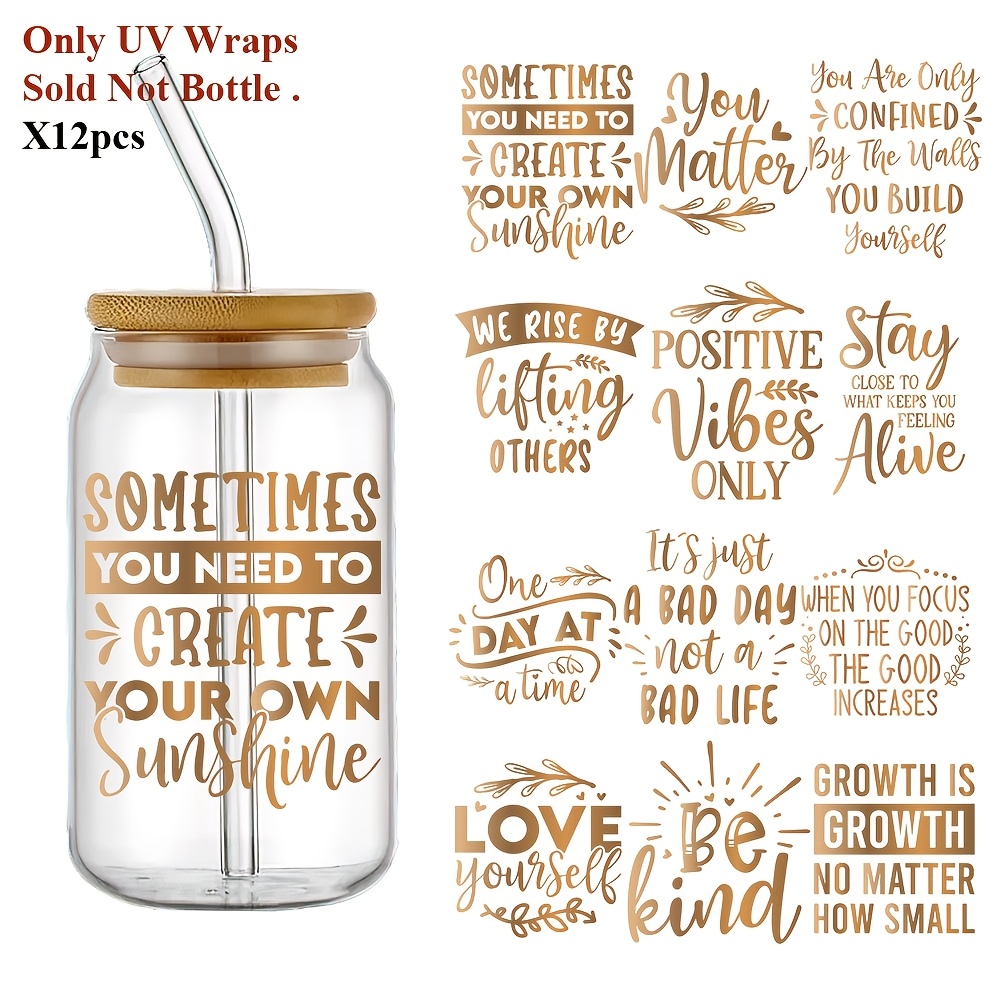 

12pcs Inspirational Quotes Uv Dtf Transfer Stickers, Waterproof Self-adhesive Decals, Plastic Material, With Motivational Phrases For Glass Jars, Bottles, Mugs, Laptops, Refrigerators, Diy Crafts