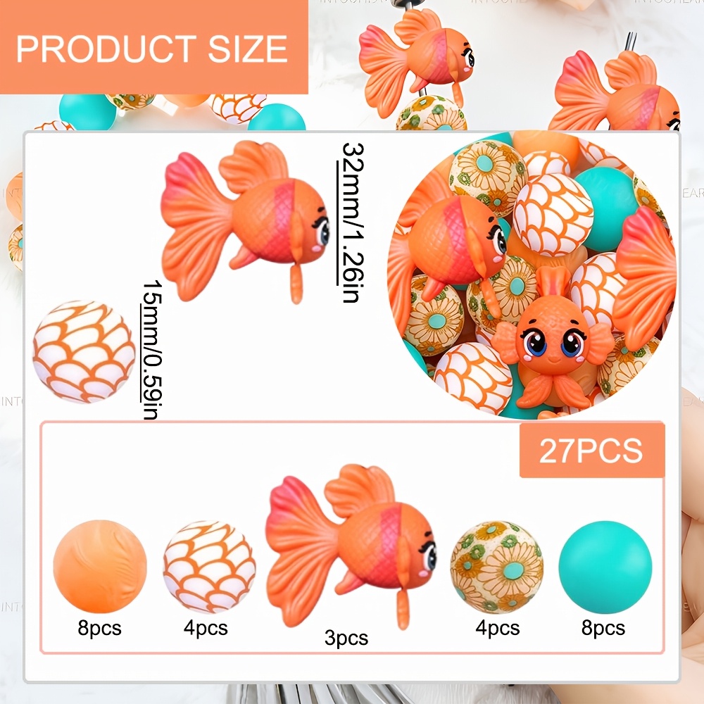 TEMU 27pcs Perles de silicone mélangées aléatoirement de 15 mm, perles focales en silicone de poisson rouge 3D, perles rondes imprimées avec motif de