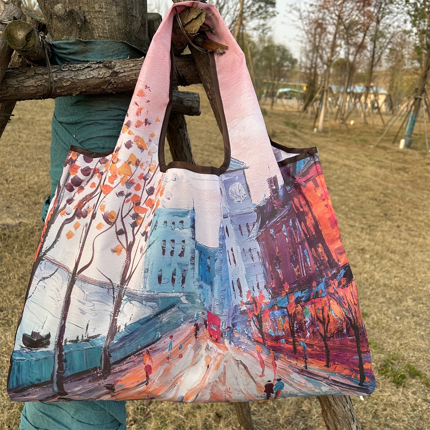 

City Landscape Oil Painting Pattern Tote Bag, Portable Nylon Shoulder Bag, Durable & Foldable Handbag For Shopping Class Work