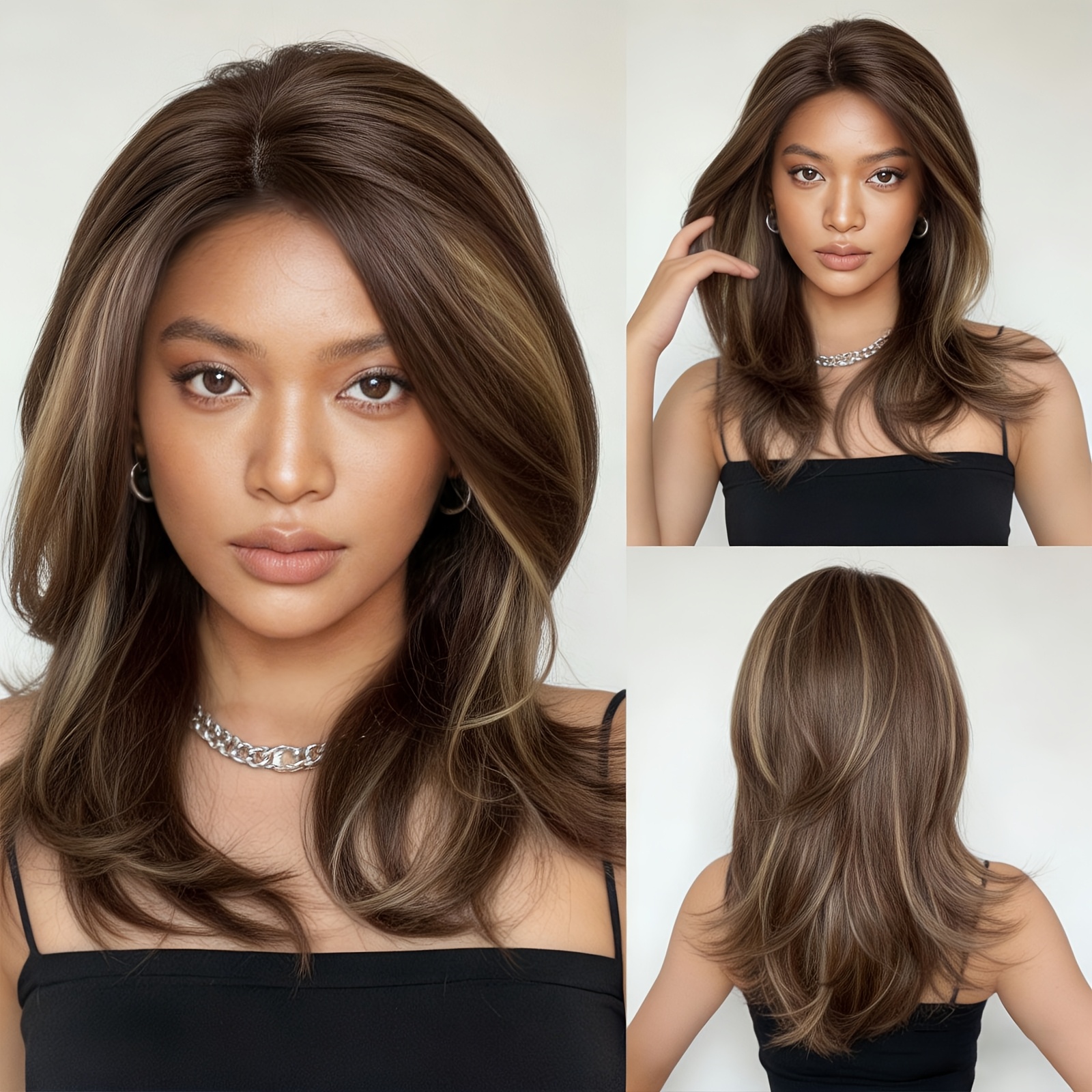 TEMU Shoulder-length Bob Wig Featuring A Blend Of Brown And Blonde Highlights, Complete With Curtain Bangs, Designed For Women