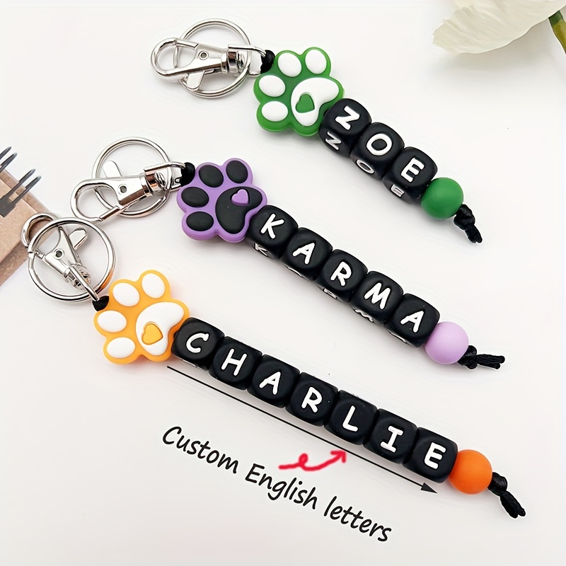 

Silicone Paw Print Keychain With Custom Name Beads And Heart Charm, Cartoon Style, Letter Keyring, Anti-loss Accessory