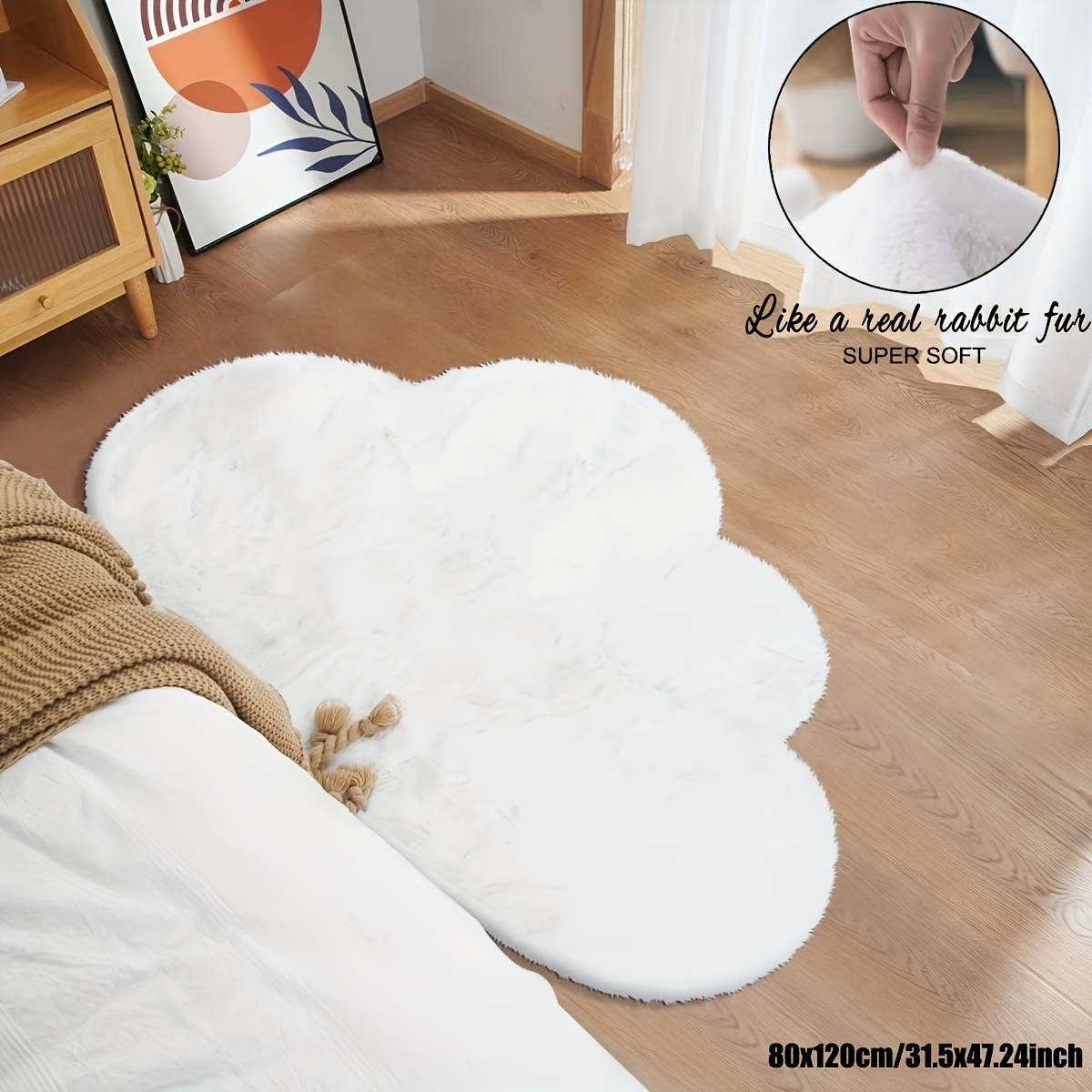 

Soft Faux Rabbit Fur Area Rug, Cloud Shape Non-slip Bedroom Decor Carpet, Polyester Material, Hand Wash Only, Indoor Use, White