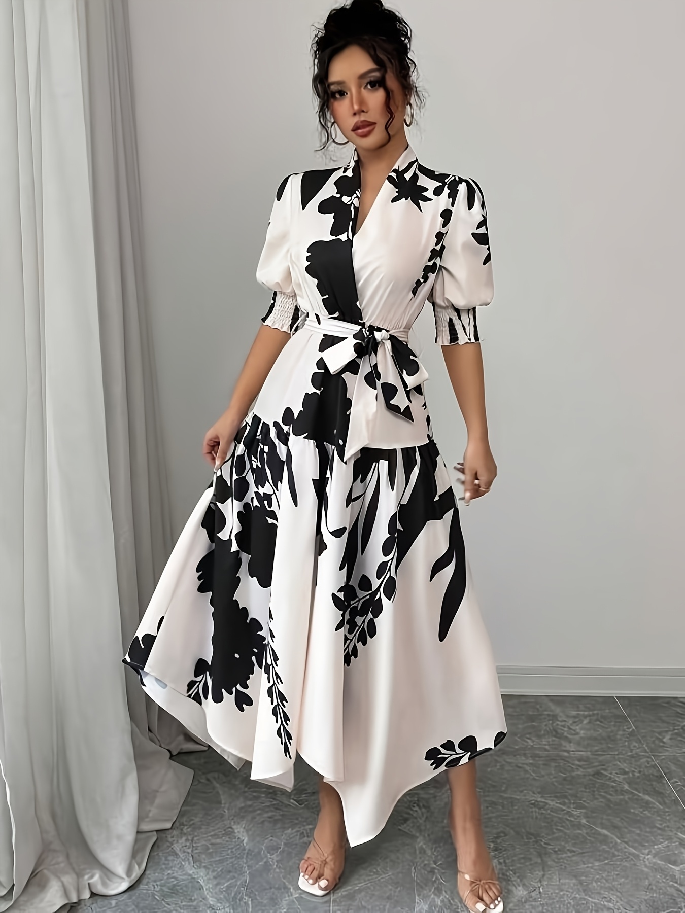 Elegant Floral Print Wrap Dress for Women - V-Neck with Cross Detail, Short Sleeve, A-Line Silhouette, Black & White  , Polyester Fabric,   Spring & Fall, Floral Dress