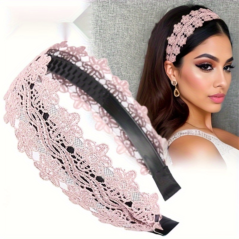 TEMU Elegant Lace Floral Headband For Women - Wide, Non-slip Hair Accessory With Teeth, Vintage Style Solid Color