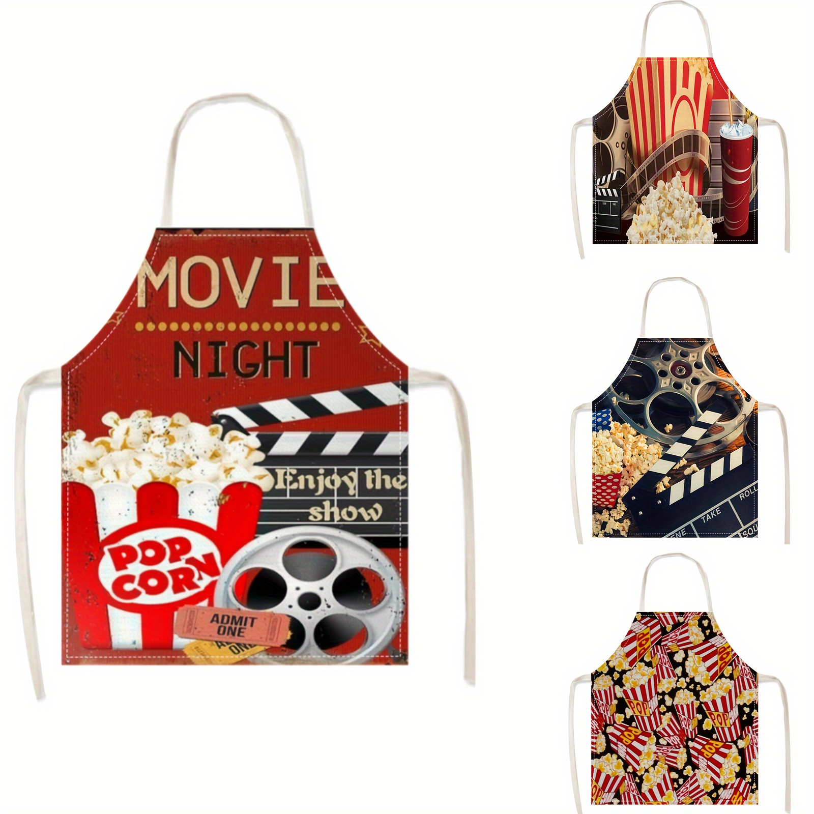 

1pc, Cooking Apron, Creative Retro Family Movie Popcorn Theme Printed Apron, Household Cooking Baking Oil-proof Durable Work Apron For Home, Cleaning Waist Apron
