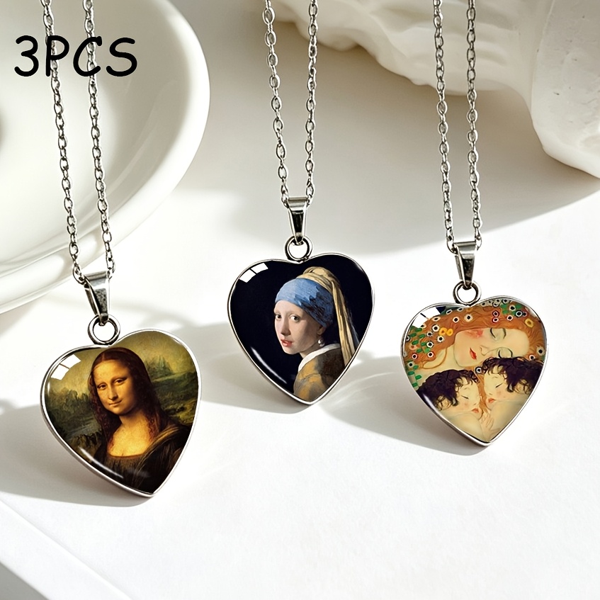TEMU 3pcs Set Art Oil Painting Heart-shaped Stainless Steel Necklace Set