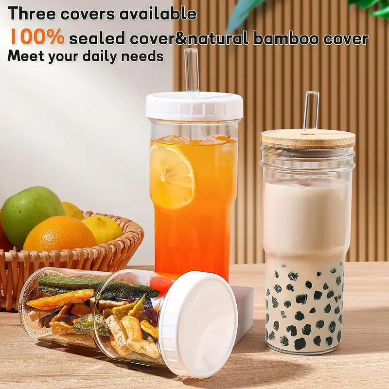 12pcs glasses 4 white lids 4 wooden lids 4 glasses mason jar mugs storage jars 24 oz smoothie glasses reusable iced coffee mugs boba mugs perfect christmas gift new years gifts Product details 1