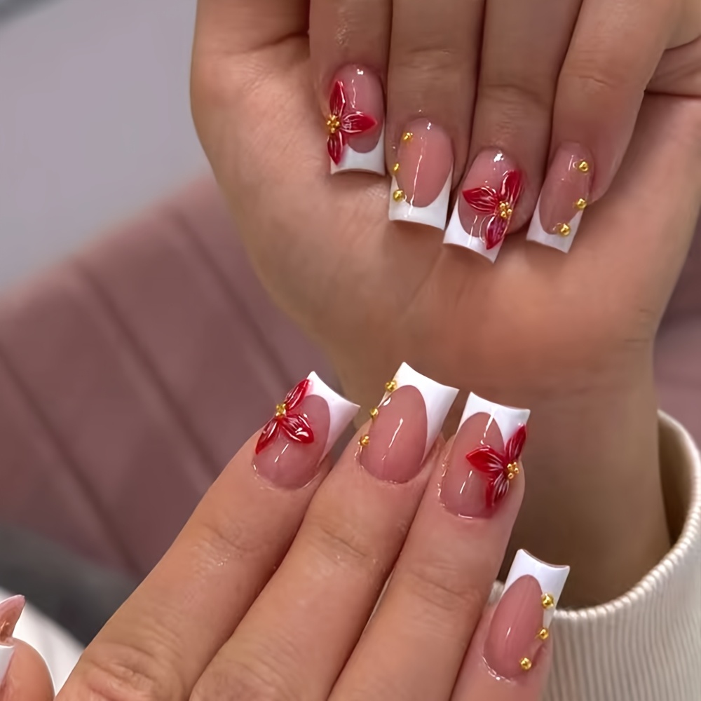 TEMU je elegantie met deze 24 stuks Franse rode en gouden 3D bloem design press-on nagels. Ze zijn korte vierkante, verwijderbare en gemakkelijk te .