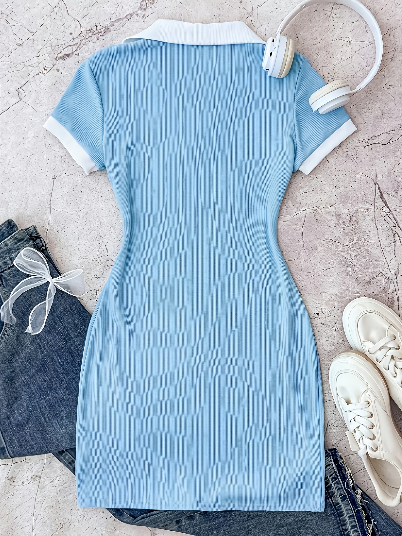 Women's Y2K Collar Bow & colorblock Dress with Collar - Short/medium/ Length Suitable for Parties, Weddings, Casual Attire - Machine Washable Fitted Dress with Bow Embellishment & Color-Block Design - Women's Fashion