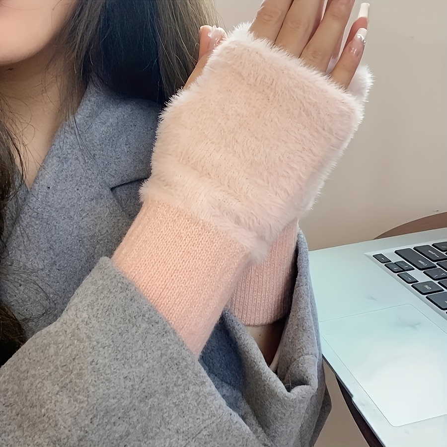 Soft & Warm Fingerless Gloves - Stylish Elegant Plush Splicing Knit Gloves for Autumn Winter with Coldproof Elastic Wrist Cover details 7