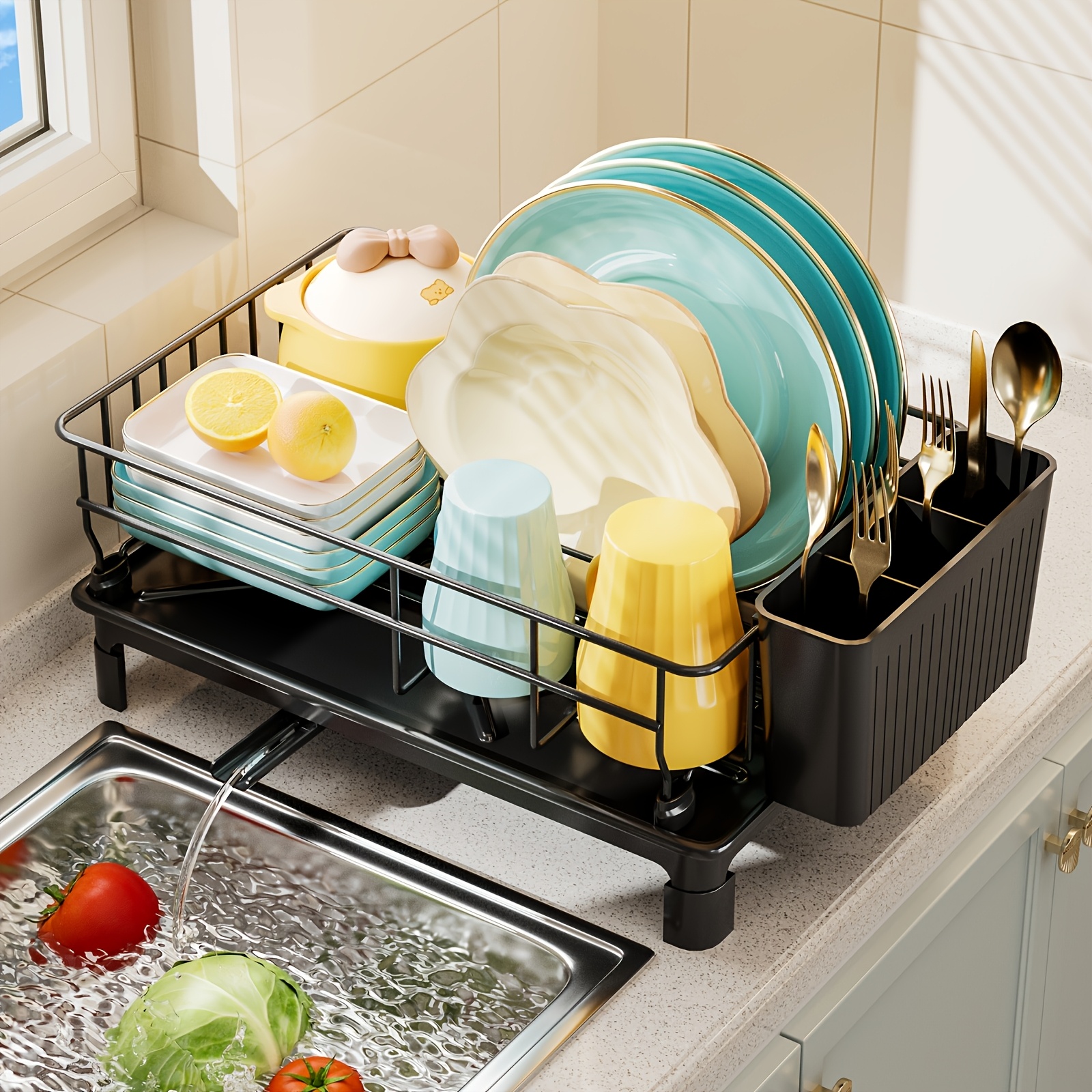 TEMU Égouttoir à vaisselle robuste à un niveau avec plateau d'égouttement et porte-ustensiles - Organisateur de cuisine compact encombrant, plateau