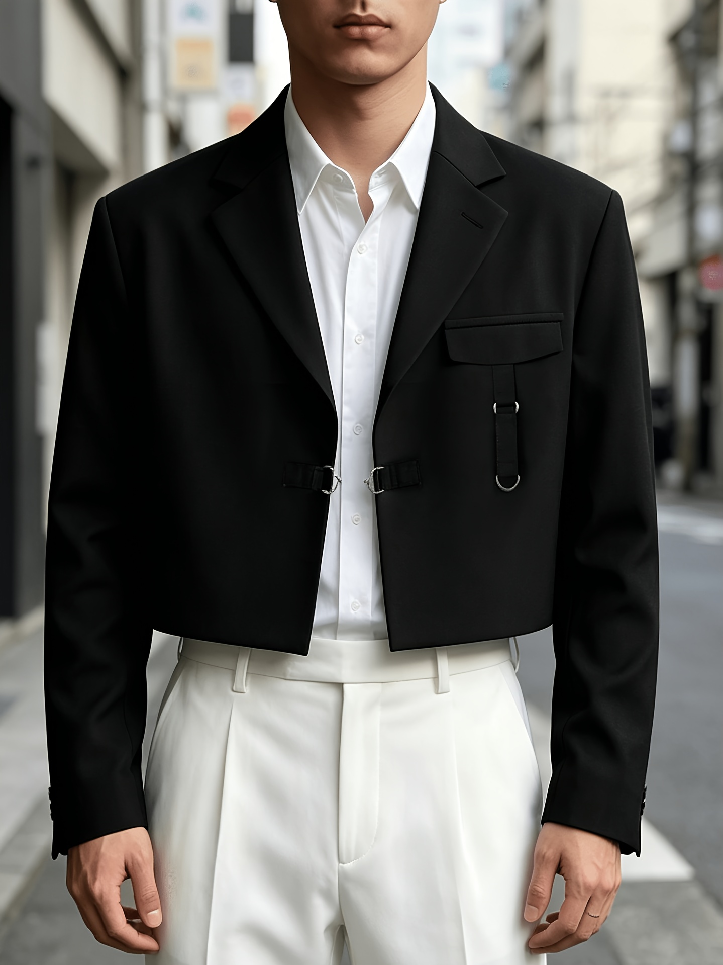   men solid color crop   lapel long sleeve thin street casual crop jacket
