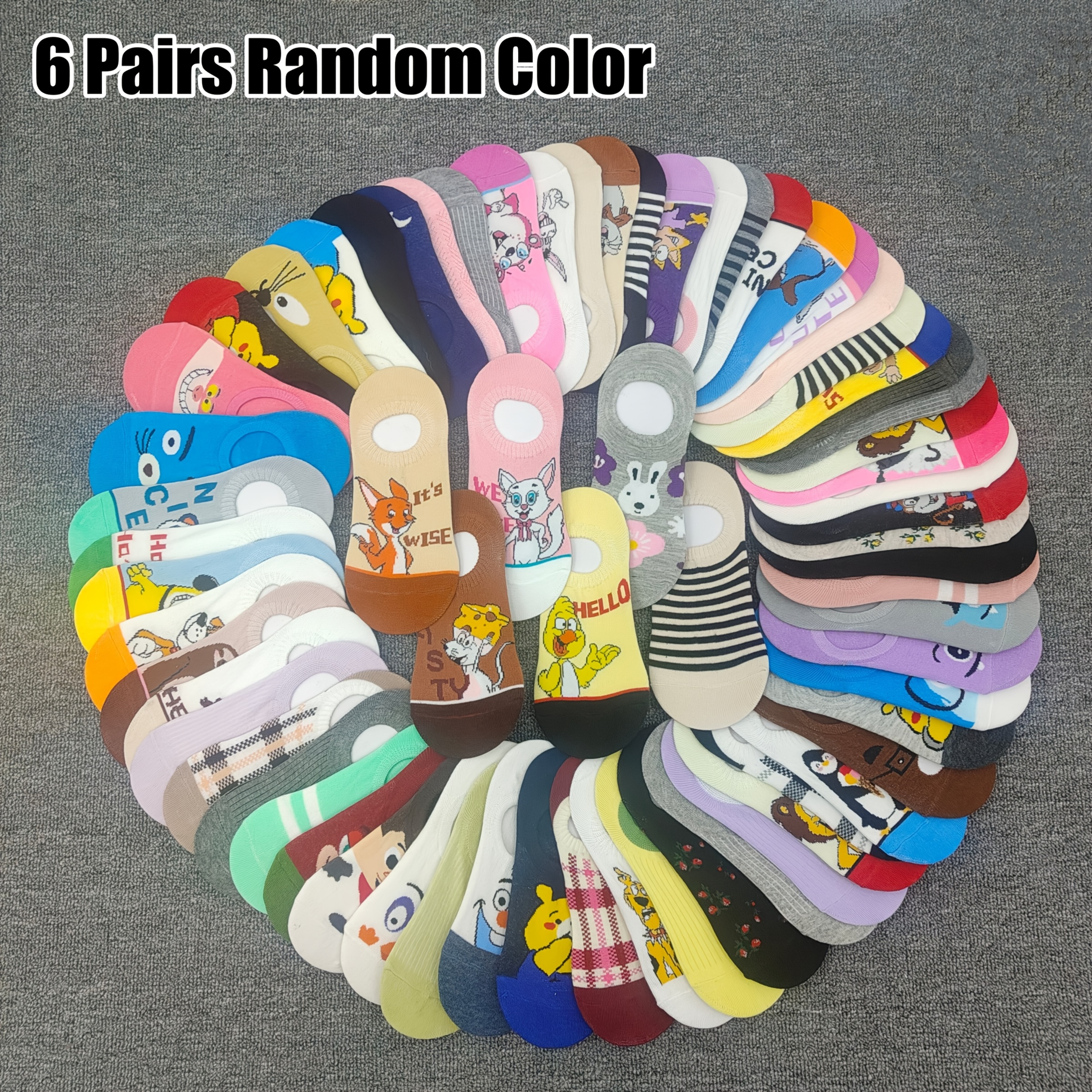 E-shop Zufällige Auswahl von 6 Paar Damen-Kurzsocken – Leichte, atmungsaktive, unsichtbare Boot-Socken für den Sommer, mit Cartoon-Anime-Design,
