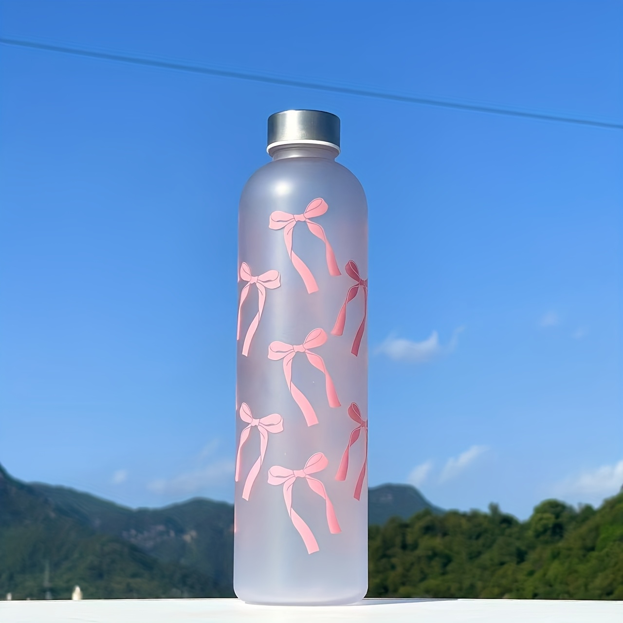Image of New 1000ml Plastic Cup Fresh Plastic Frosted Personalized Bow Floral Pattern Water Bottle Large Capacity Sports Water Bottle