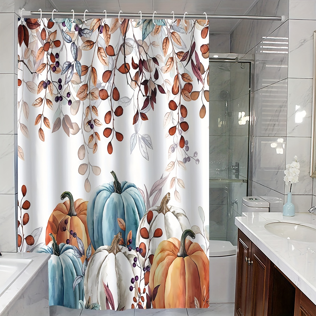 

Thanksgiving Harvest Pumpkin Vine Printed Water-resistant Polyester Shower Curtain, 71x71 Inch With Hooks, Pastoral Theme, All-season Bathroom Decor