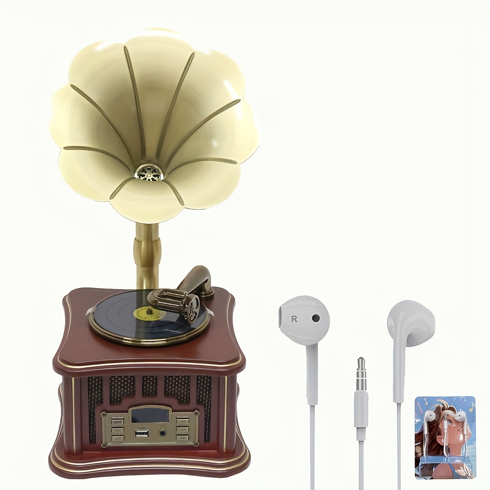 Image of Mini Wooden , 1pc Headphones Earbuds Wired 3.5mm, Gramophone Shape, Earphone Jack, Wireless Player, Stereo Speakers, Vintage Speakers, Aux In, Usb, Vintage, Dark Brown