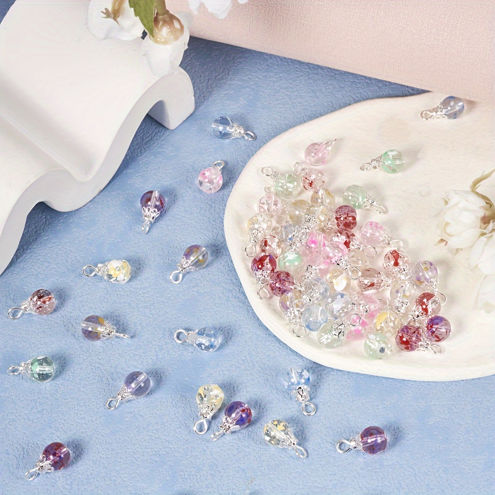 

70pcs Baking Painted Teardrop Transparent Glass Pendants, With Silver Tone Iron Loops, Mixed Color Charms For Diy Jewelry Making, 15x8mm, Hole: 2mm