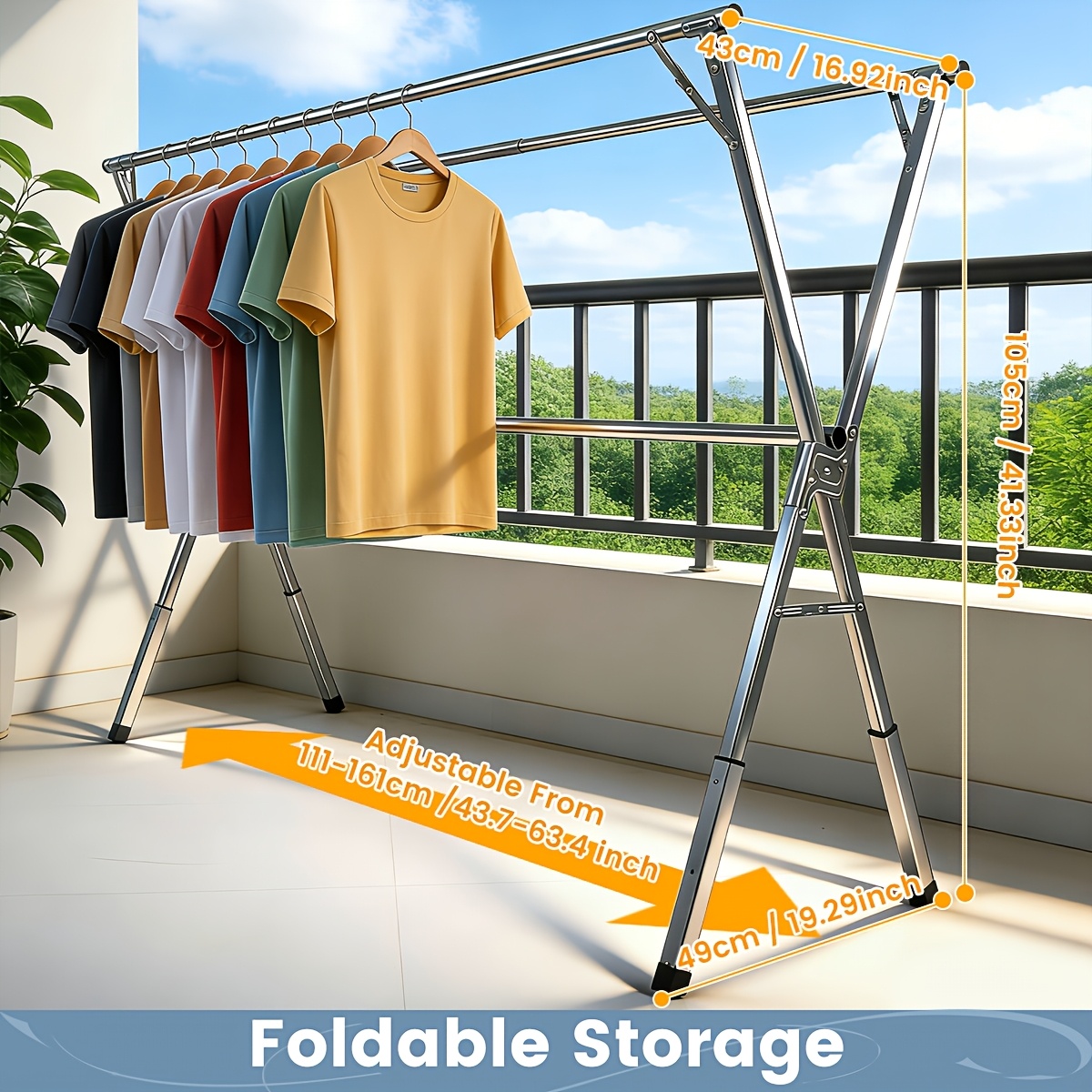 TEMU Foldable Metal Clothes Drying Rack, Adjustable 3 Rod, With Space-saving Storage, For Indoor And Outdoor Use, For Clothes, Blankets And Bedding,
