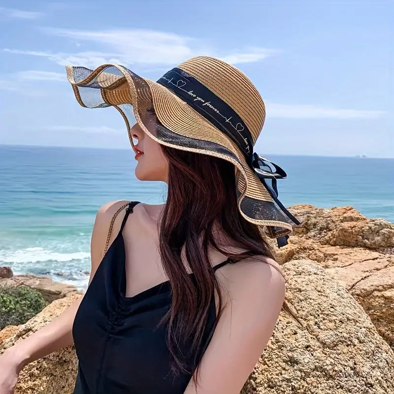 elegant wide brim sun hat with bowknot uv protection breathable straw beach cap for for outdoor leisure details 1