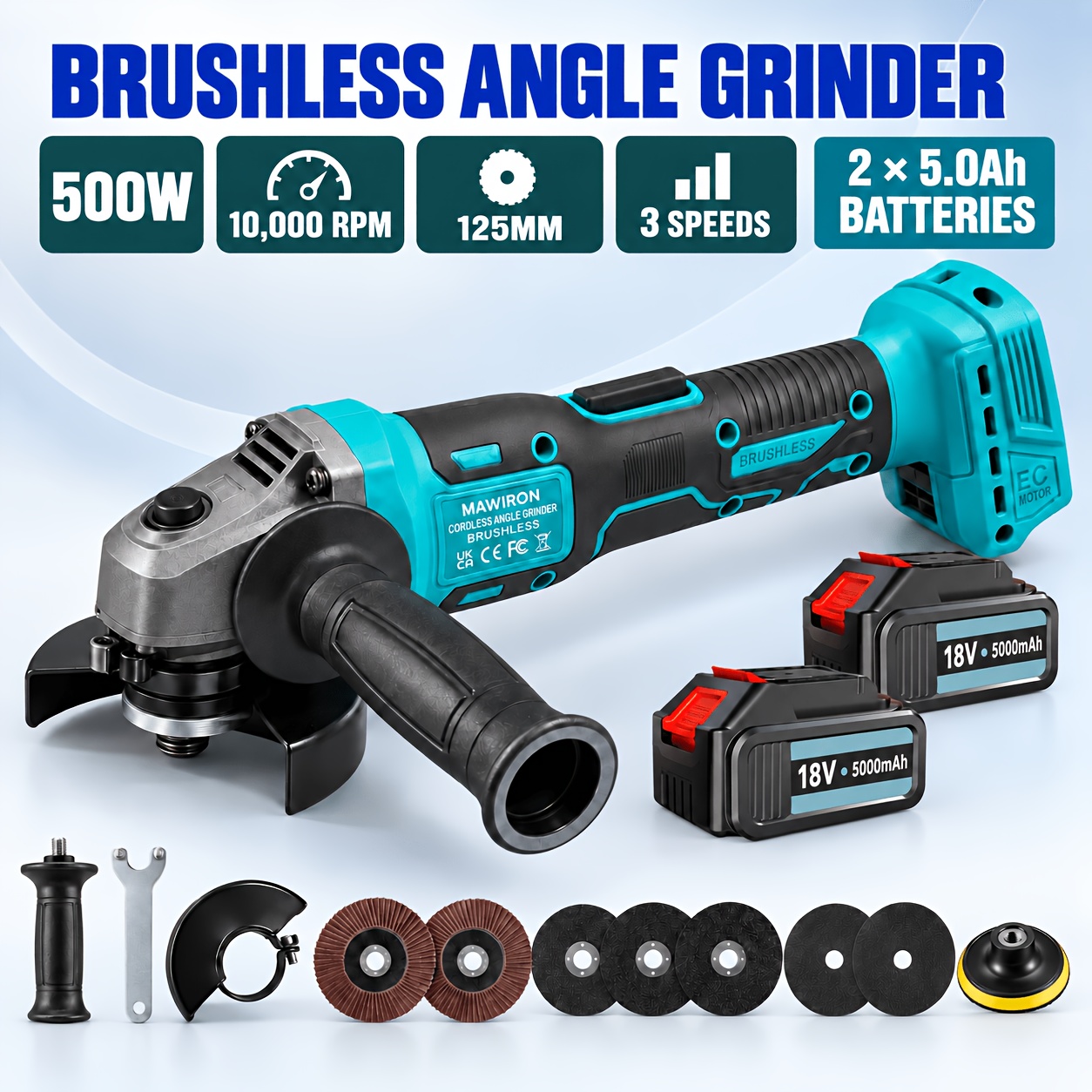 Image of 500w Cordless Angle Grinder Kit, 125mm Brushless Power Angle Grinder With 2 Batteries/no Battery, Multiple Grinding Discs, Auxiliary Handle, For Polishing Grinding Woodworking ()