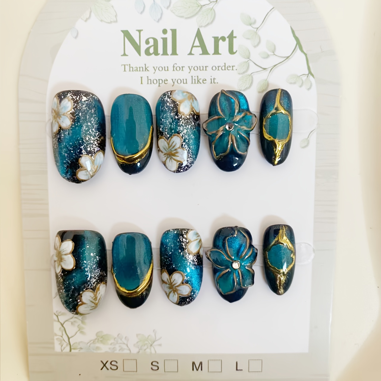 TEMU 10pcs Set Of Handmade Reusable Full-coverage Nail Stickers, Oval Short-style Nails, Hand-painted Blue- Three-dimensional Floral Pattern Niche
