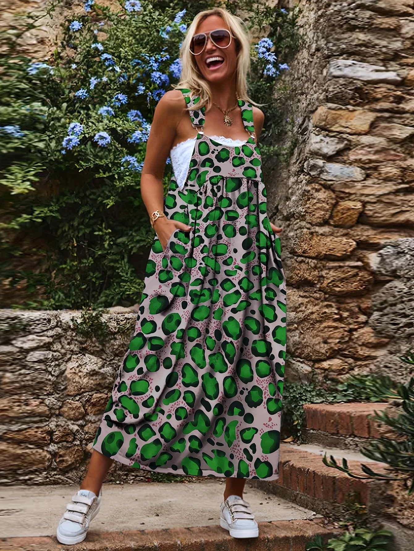green leopard print dress plus size Emerald Green Leopard Satin Kaftan For Women Plus Size 1X-3X main image 1