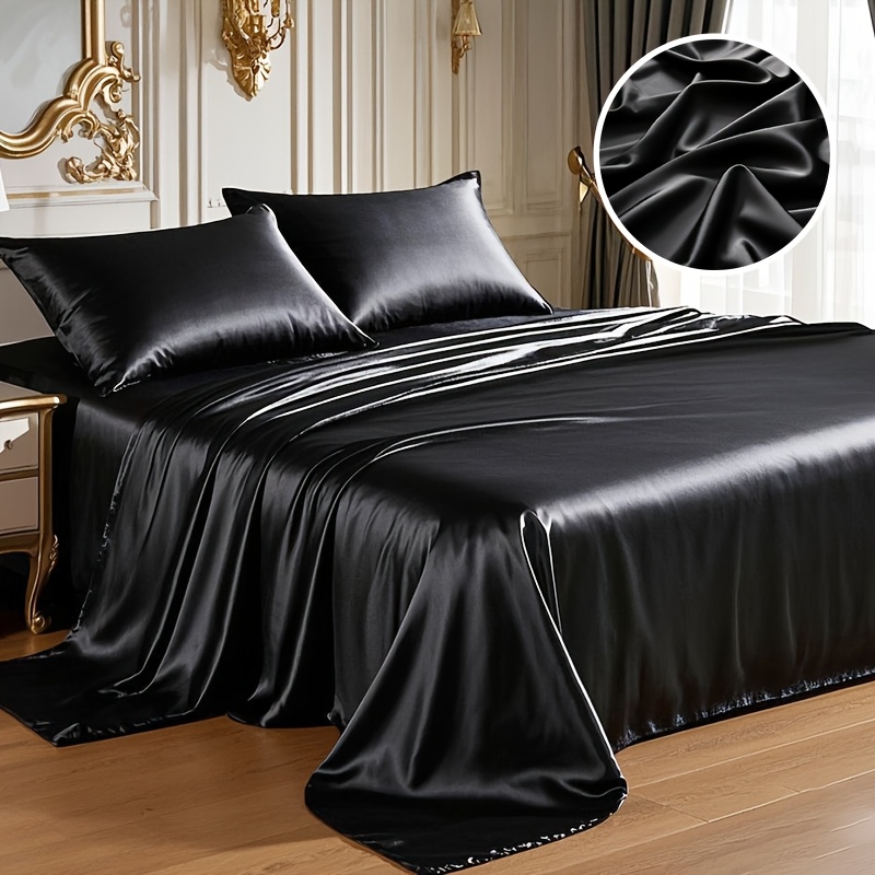 4pcs Comfort Satin Sheet Set - All-Season Versatile Non-Shrink, Ball-Free Machine Washable Luxury Fitted Sheets Soft and Smooth Bedding for Bedroom and Guest Room 1 * Flat Sheet + 1 * Fitted Sheet + 2 * Pillowcases