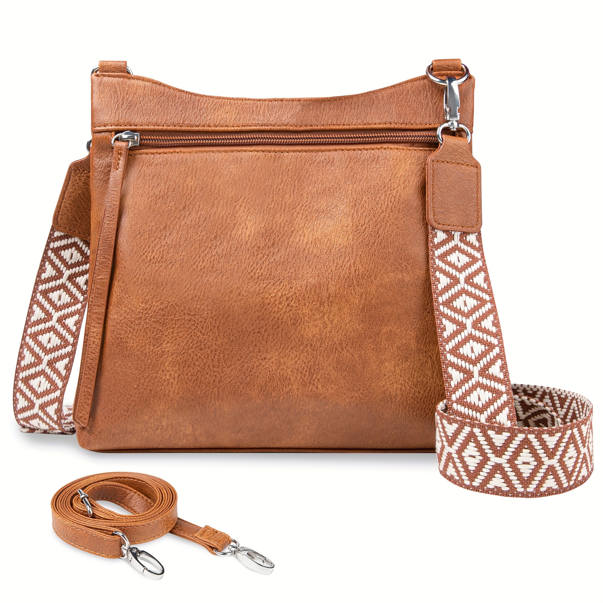 

Vintage -chic Leather Crossbody Bag For Women, Casual Multi-pocket Purse With Adjustable Tribal Pattern Strap