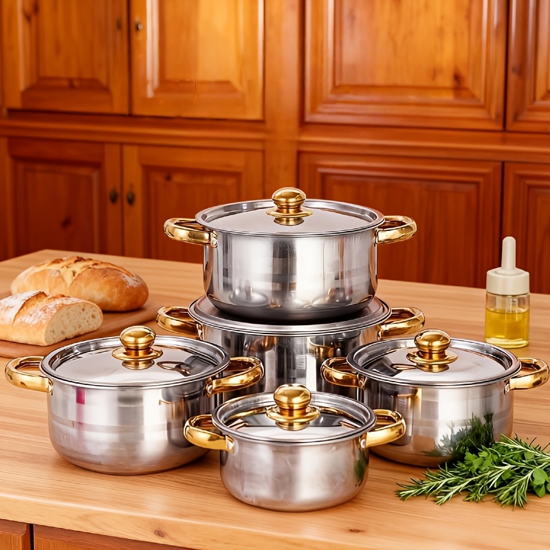 12pcs Set Of Household Versatile Cookware, Gold-plated Heat-resistant Handle+ Glass Cover -stop Cooking Cookware Combination Set, Non Stick Pot, Stylish, Durable, Suitable For Soup, Hot Pot, Pasta