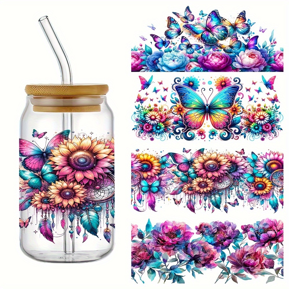 

Neon Spring Floral Butterfly Decal Set, 4-piece – Uv Dtf Transfer Stickers – Custom Diy Wraps For 16 Oz. Mason Jars, Durable, Waterproof, Adhesive - Plastic Decorative Paper For Creative Crafts