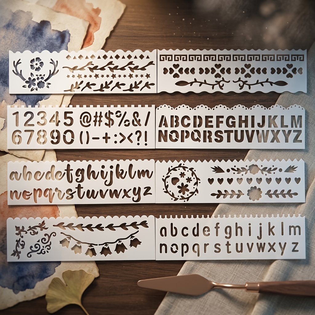 TEMU Set da 8 pezzi di righello per journaling, stencil riutilizzabile in PET con , lettere, e a pizzo per , universale per diari fai da te, diari, a