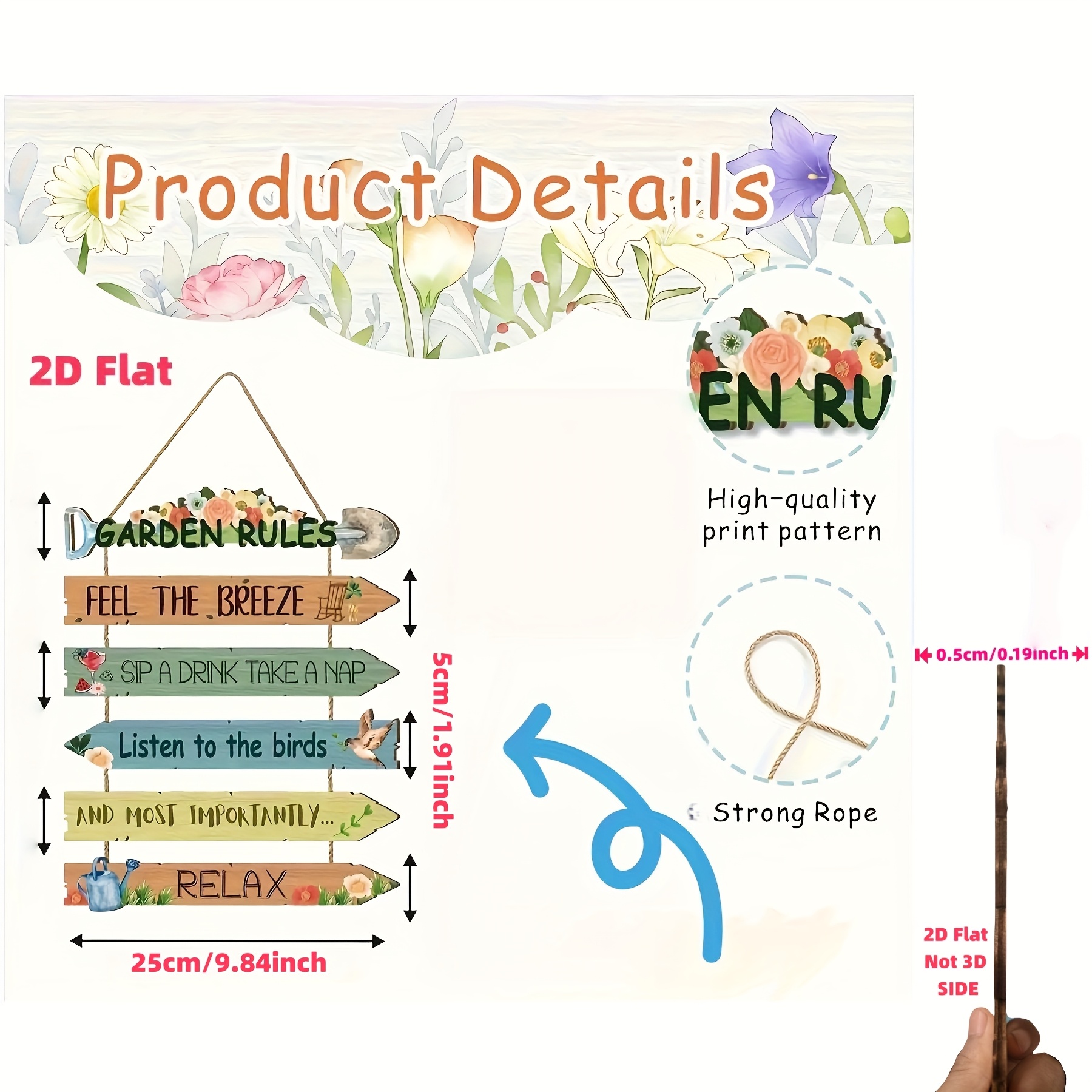 E-shop 2D-Flach, 2D-Flachdruck, 6er-Set rustikale Holzschilder mit Blumen- Vogelmuster – Geeignet für Außenhöfe, Landschaftsbau oder Heimkunst-Dekor,