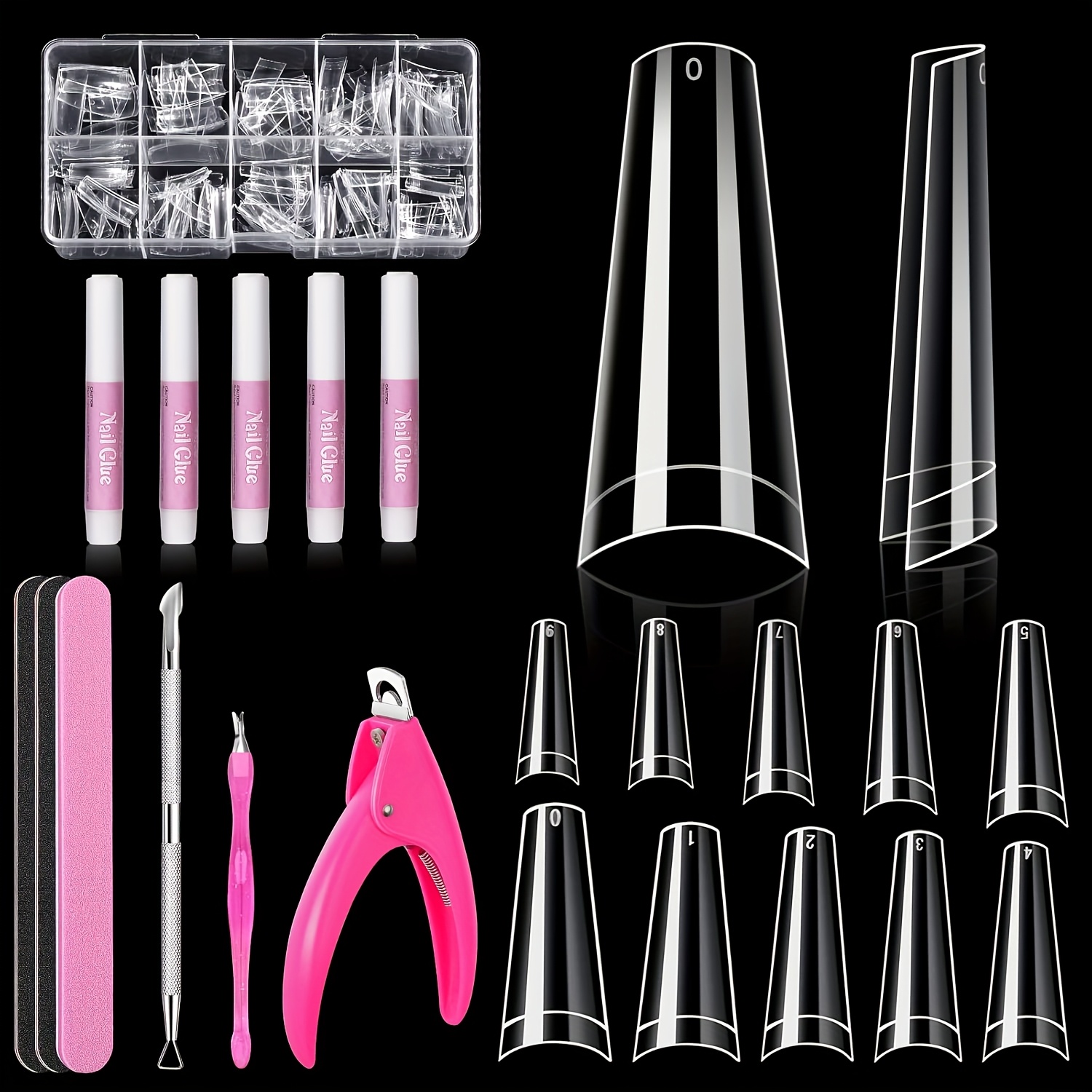 TEMU Half Cover Tips Set, 500pcs Clear Acrylic Nail Tips, With Clipper, Files, Cuticle Pusher And Fork For Salons And Home Diy With Box