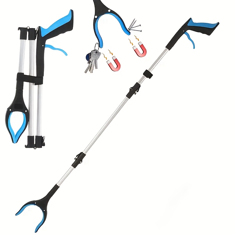 tri fold blue extra long 43 inch foldable trash grabber with magnetic tip multi functional sweeping pliers lightweight telescopic arm multi angle flexible   suitable for bedroom kitchen patio floor cleaning